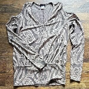 Venus Metallic Floral Damask Print Top V-Neck Cold Shoulder Gold Size XS-